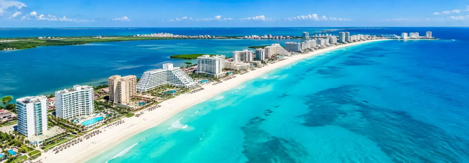 Cancun Hotel Zone coastline between the Caribbean Sea and Nichupte Lagoon