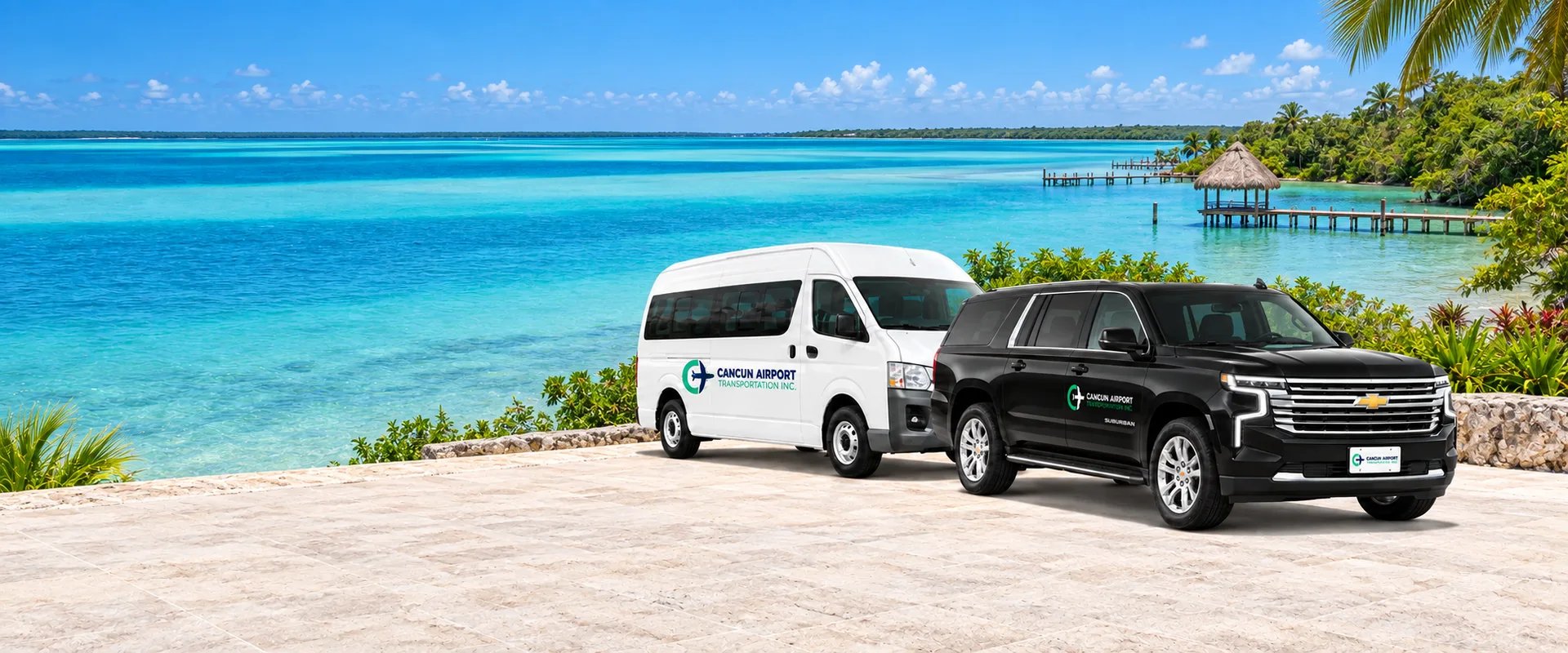 Illustration of CAT vehicles and the Bacalar area; not a photograph of the hotel