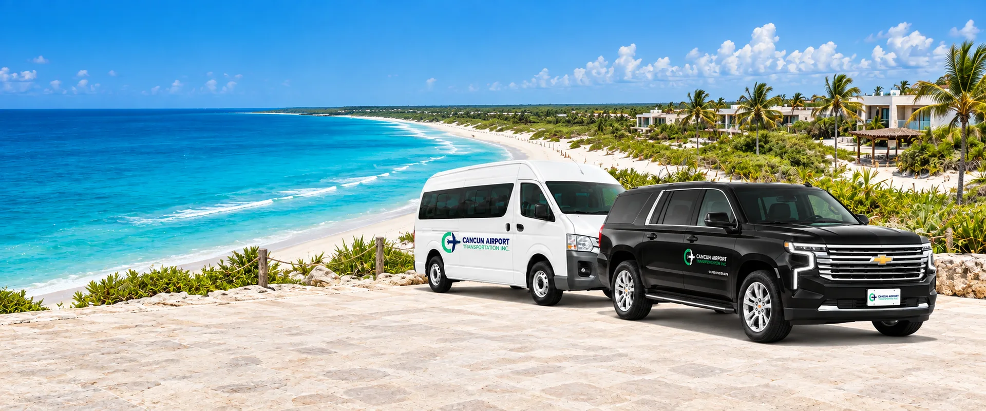 Illustration of CAT vehicles and the Costa Mujeres area; not a photograph of the hotel
