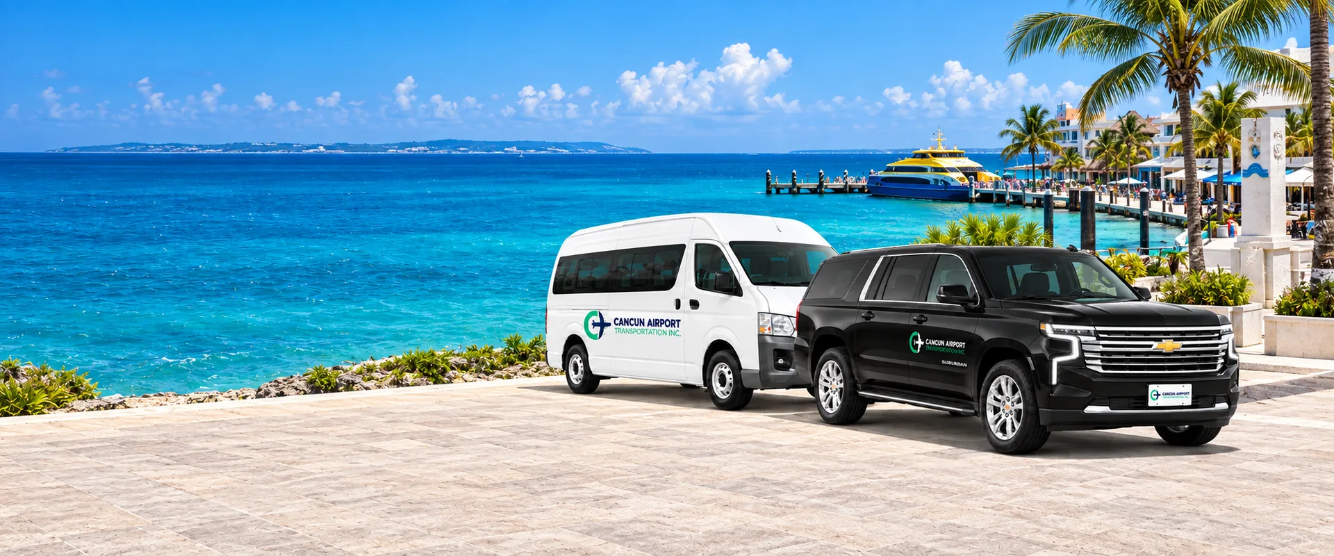 Illustration of CAT vehicles for a transfer to Cozumel ferry