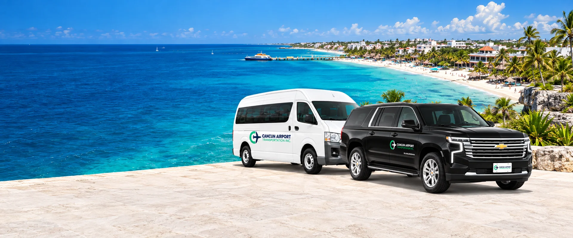Illustration of CAT vehicles and the Playa del Carmen area; not a photograph of the hotel