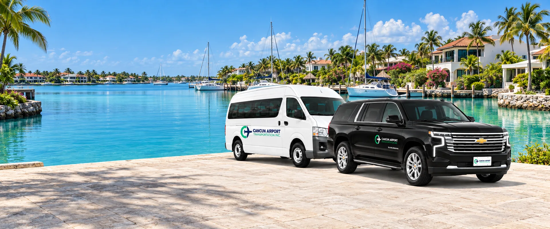 Illustration of CAT vehicles and the Puerto Aventuras area; not a photograph of the hotel