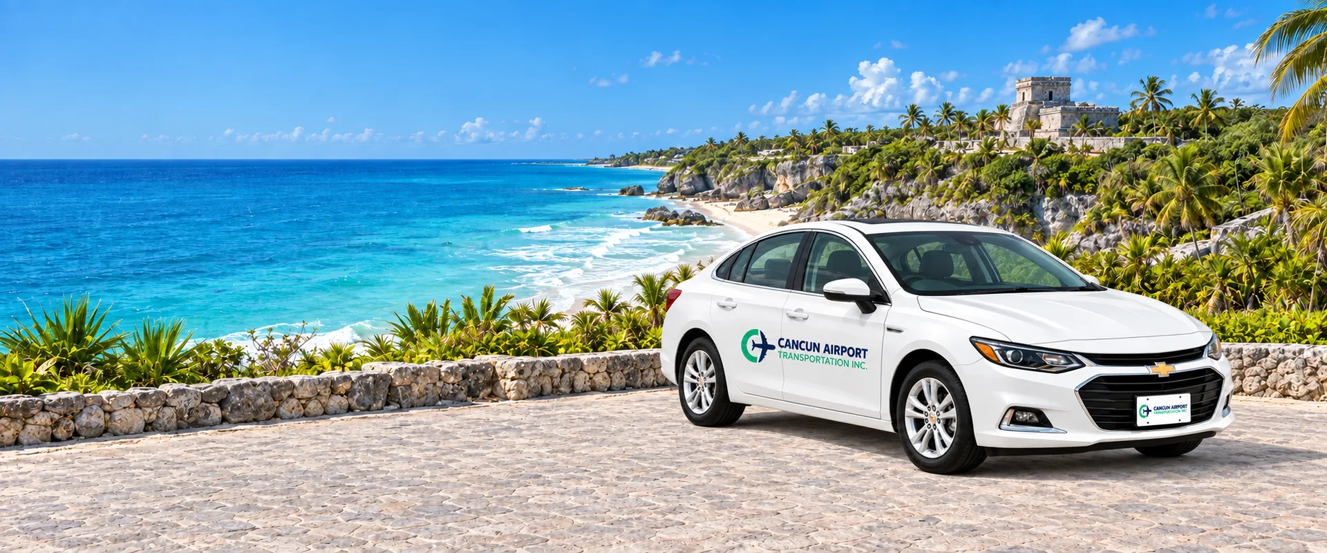 Composición ilustrativa de un taxi de aeropuerto CAT en Tulum