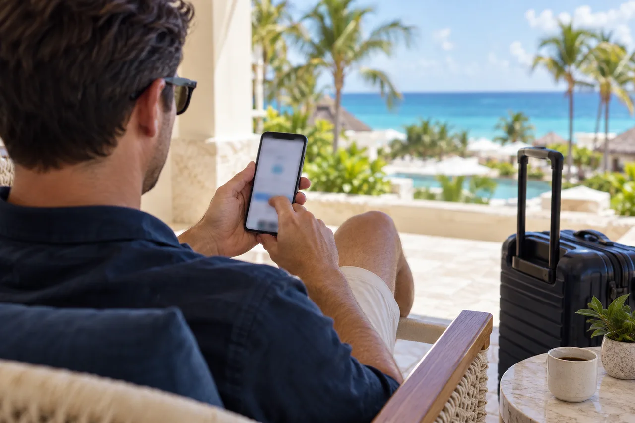 Illustration of a traveler contacting our team; not a photograph of this property