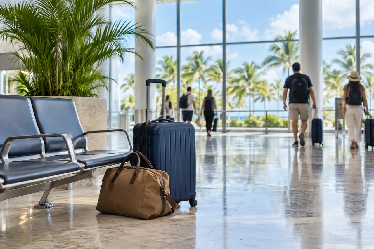 Luggage in an airport terminal, illustrative scene