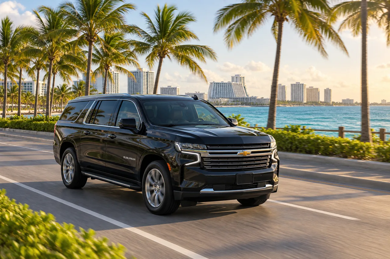 A 2022 Suburban on a palm-lined Cancun boulevard