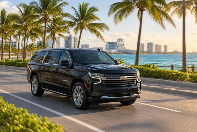 A 2022 Suburban on a palm-lined Cancun boulevard