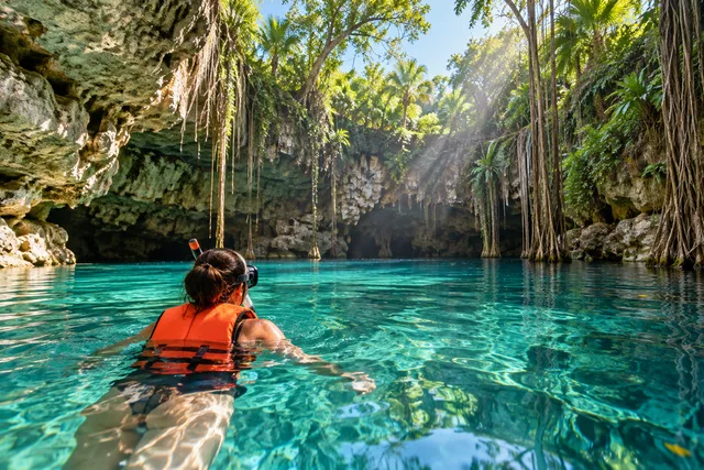 Swimming in a cenote on the Yucatán Peninsula