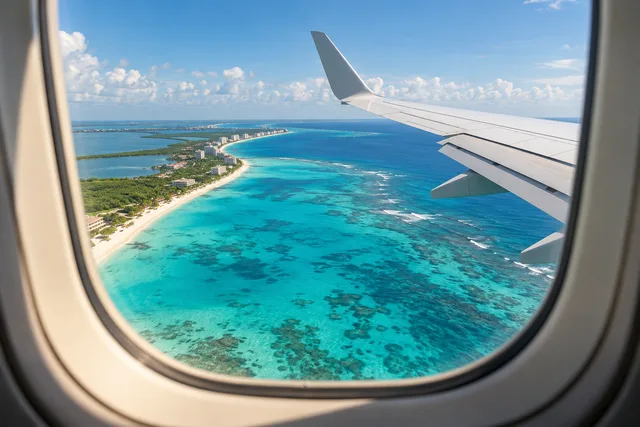 Caribbean coastline seen from an airplane window