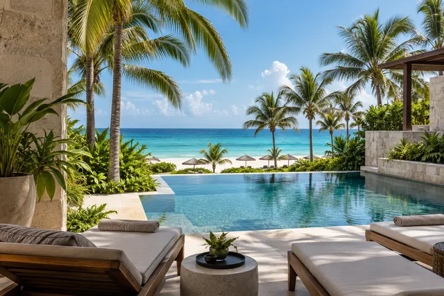 Pool and beach at an illustrative Caribbean resort