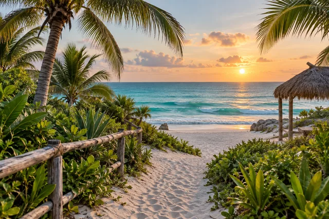 A sandy path to a Caribbean beach near Tulum