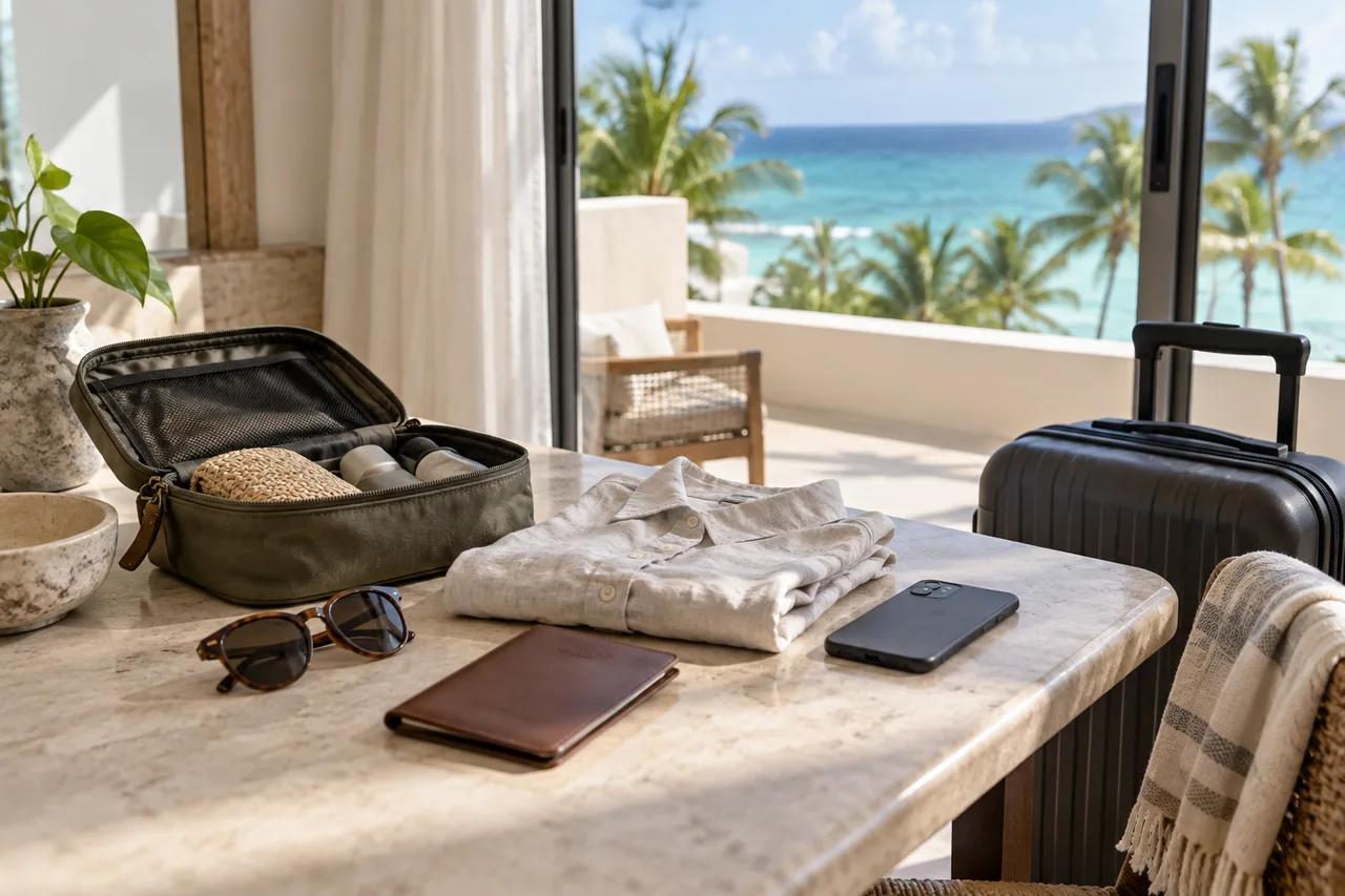 Packing for a Caribbean trip, illustrative scene